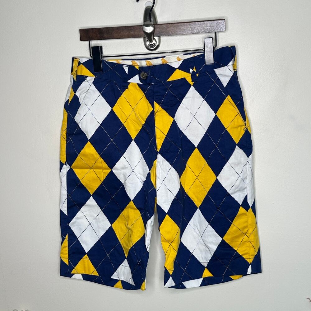 LOUDMOUTH Heritage Golf Shorts Argyle Navy Blue Yellow Sz 32 {3B11} - Picture 3 of 5